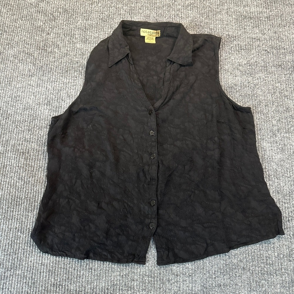 Notations Women WRYB0016 Sleeveless Top‎ 1X Black Crinkle Rayon Button Down